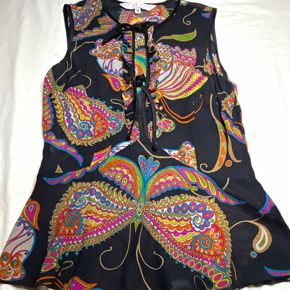 Trina Turk Women’s S Black Multicolor Paisley V-Neck Sleeveless Ruffle Blouse